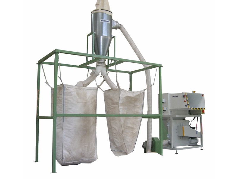 Polystyrene shredder with extracting device and a double BIG-BAG stand